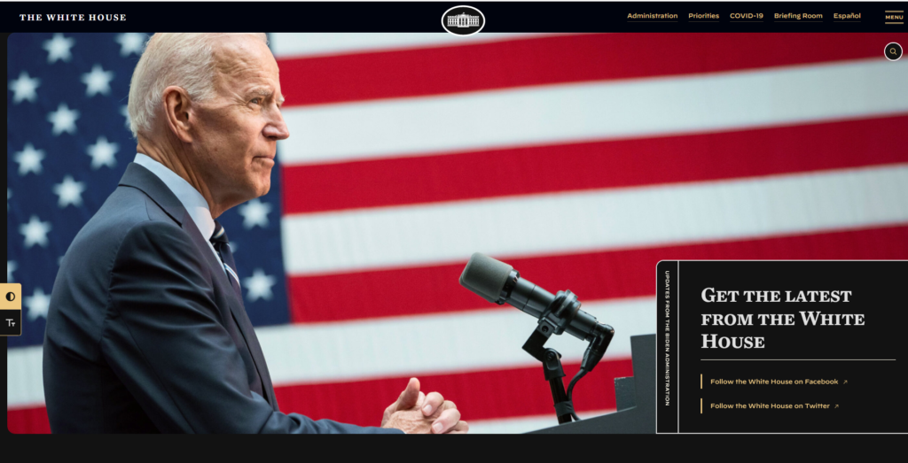 Whitehouse.gov in dark mode. To improve accessibility of the White House's website, the website can now be toggled between light and dark mode and also has an option for larger text. 